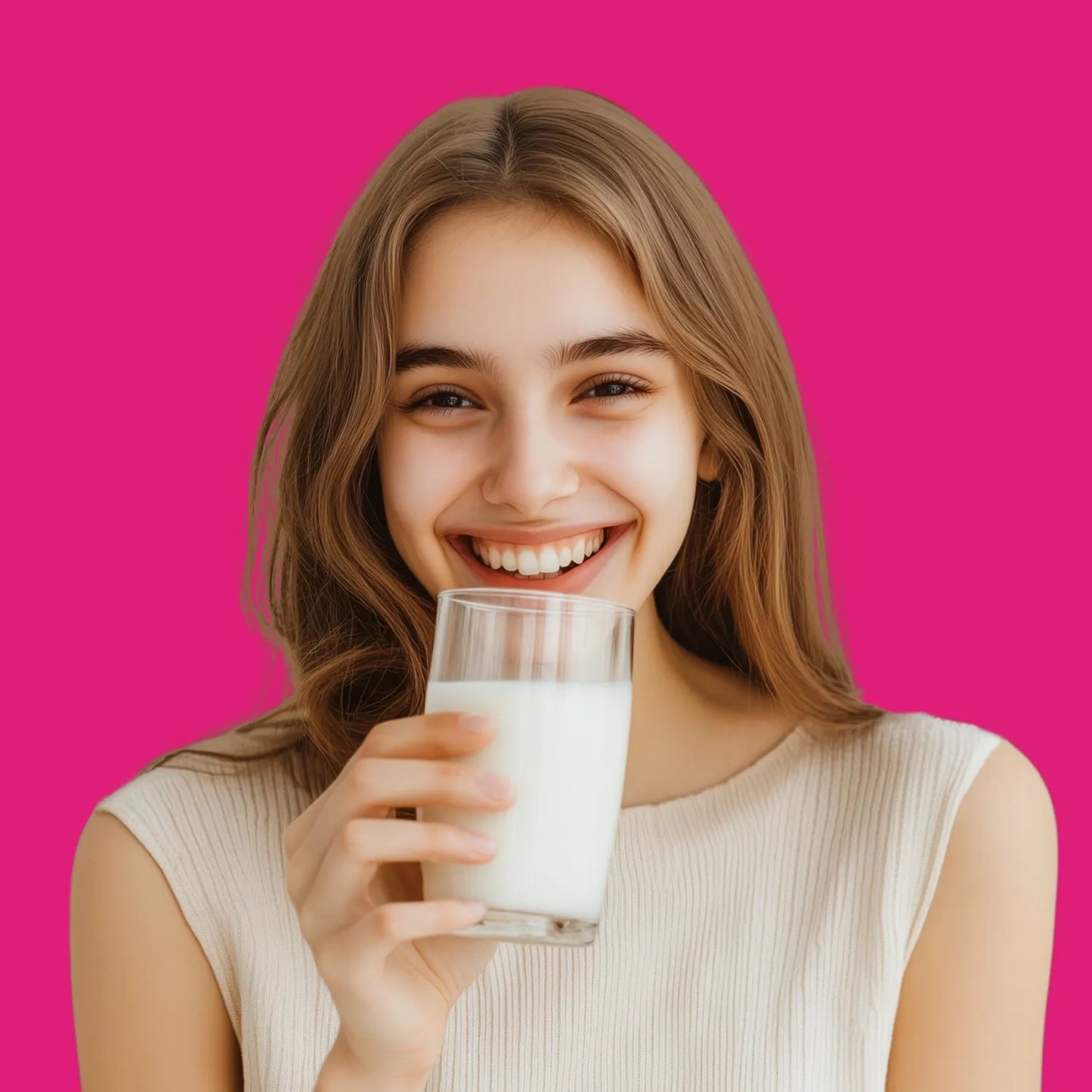 Donna sorridente con un bicchiere di latte vegetale