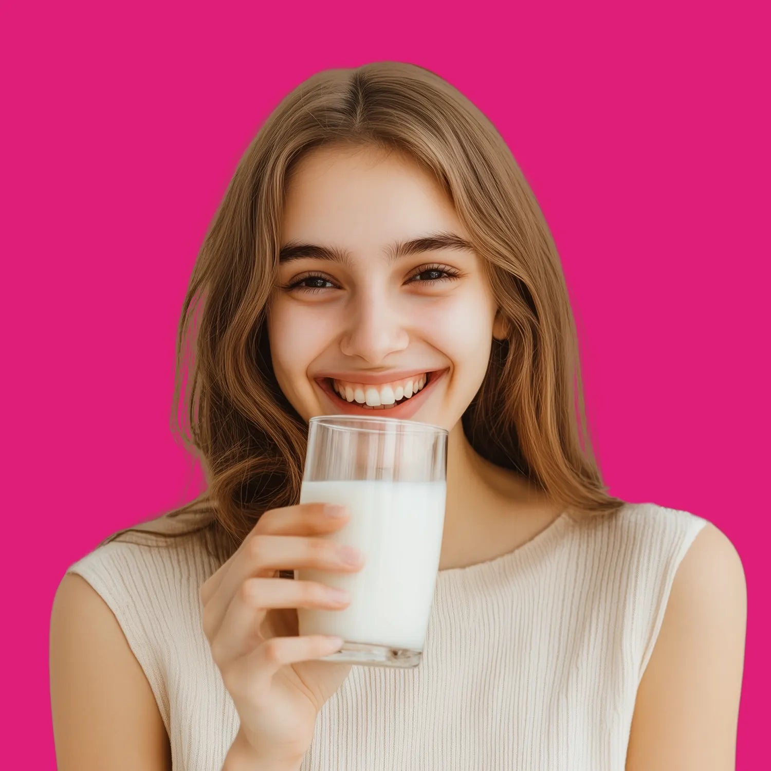 Donna sorridente con un bicchiere di latte vegetale